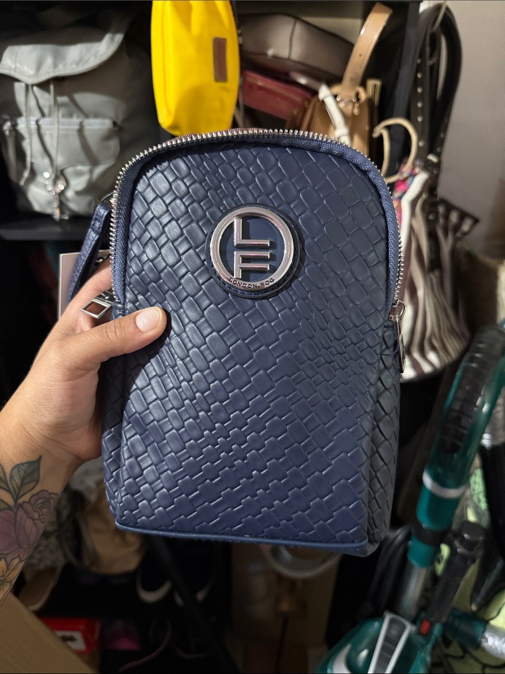 NWT London Fog Navy Woven-Texture Sling Bag